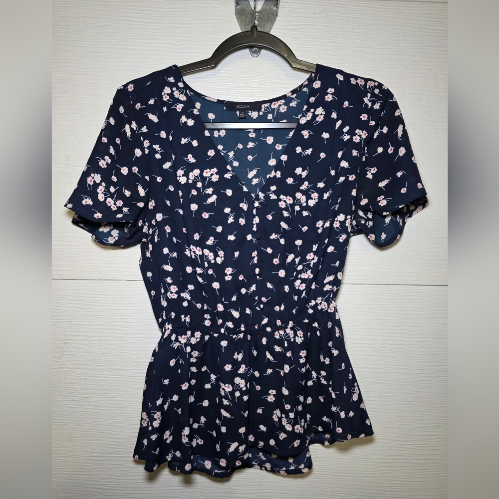 Eclair Navy Floral Short-Sleeve Peplum Blouse